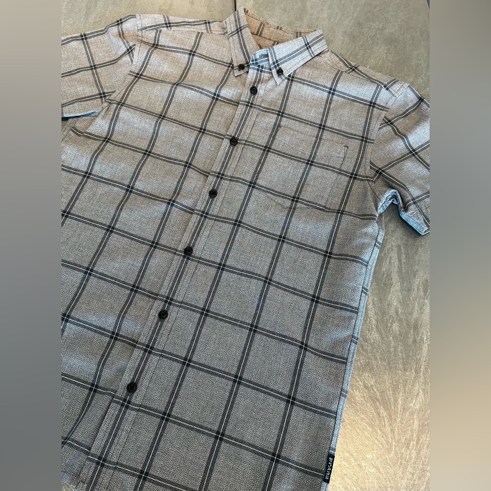 Prana Men’s Short Sleeve Medium %100 Cotton Shirt Navy Windowpane Plaid